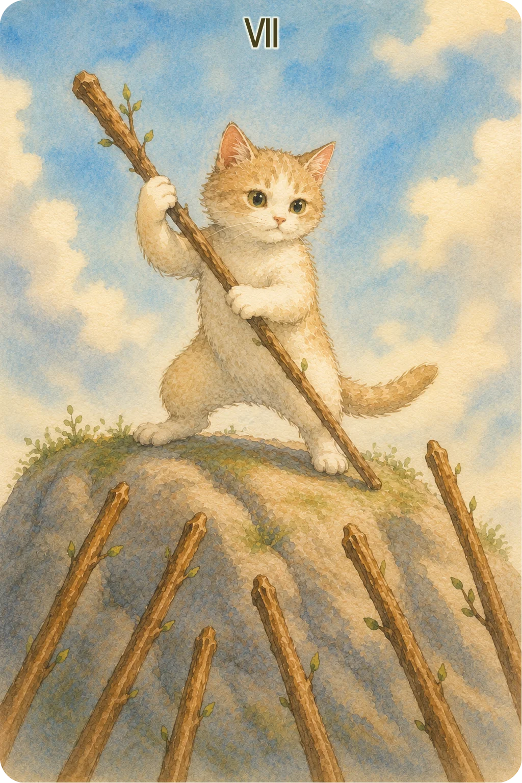 ワンドの7（Seven of Wands）のタロットカード画像