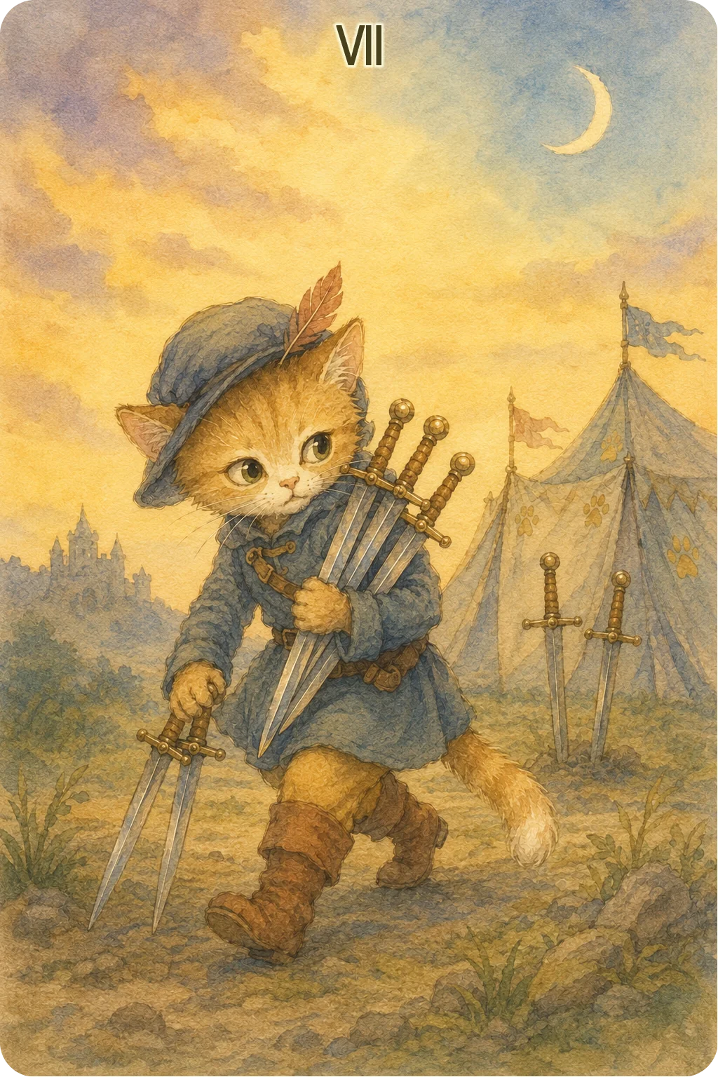 ソードの7（Seven of Swords）のタロットカード画像