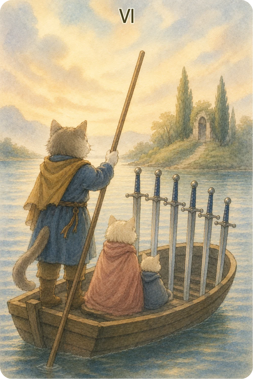ソードの6（Six of Swords）のタロットカード画像