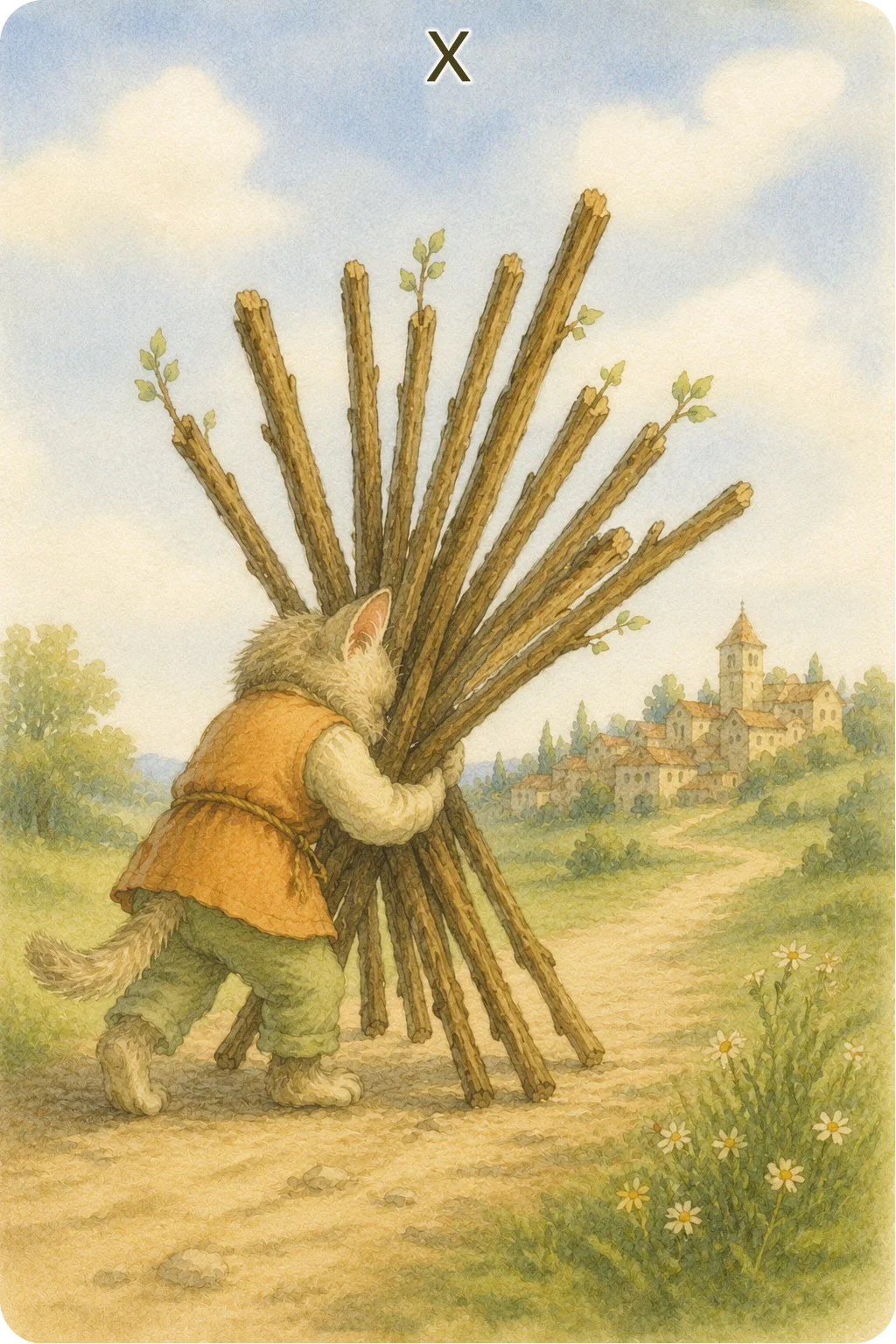 ワンドの10（Ten of Wands）のタロットカード画像