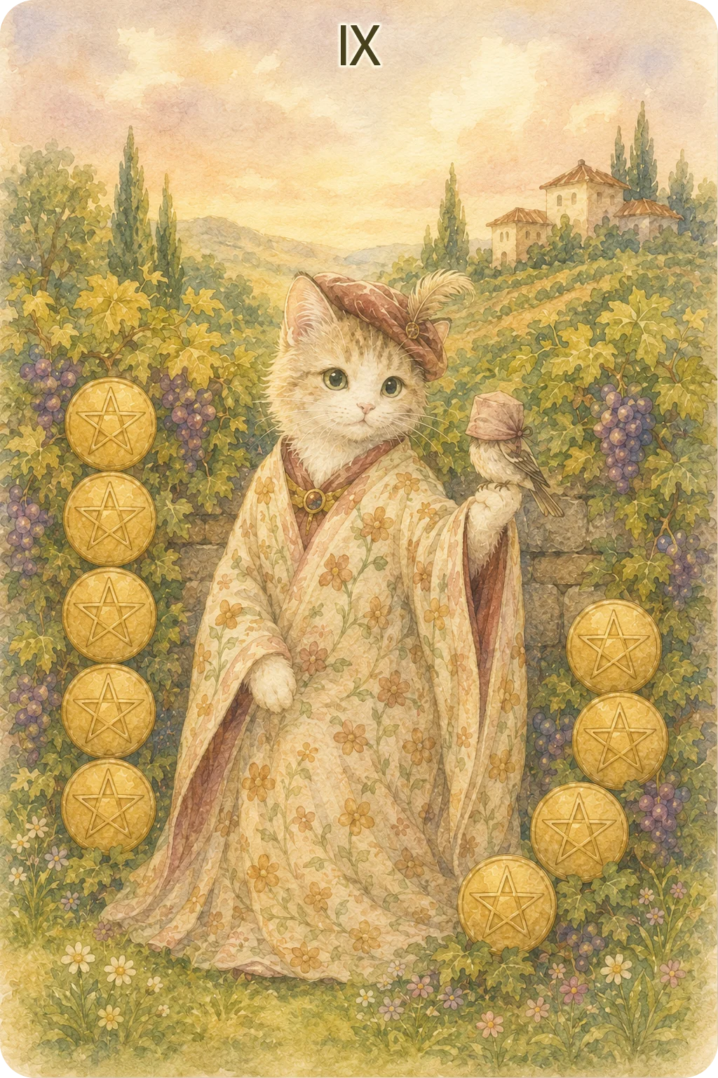ペンタクルの9（Nine of Pentacles）のタロットカード画像