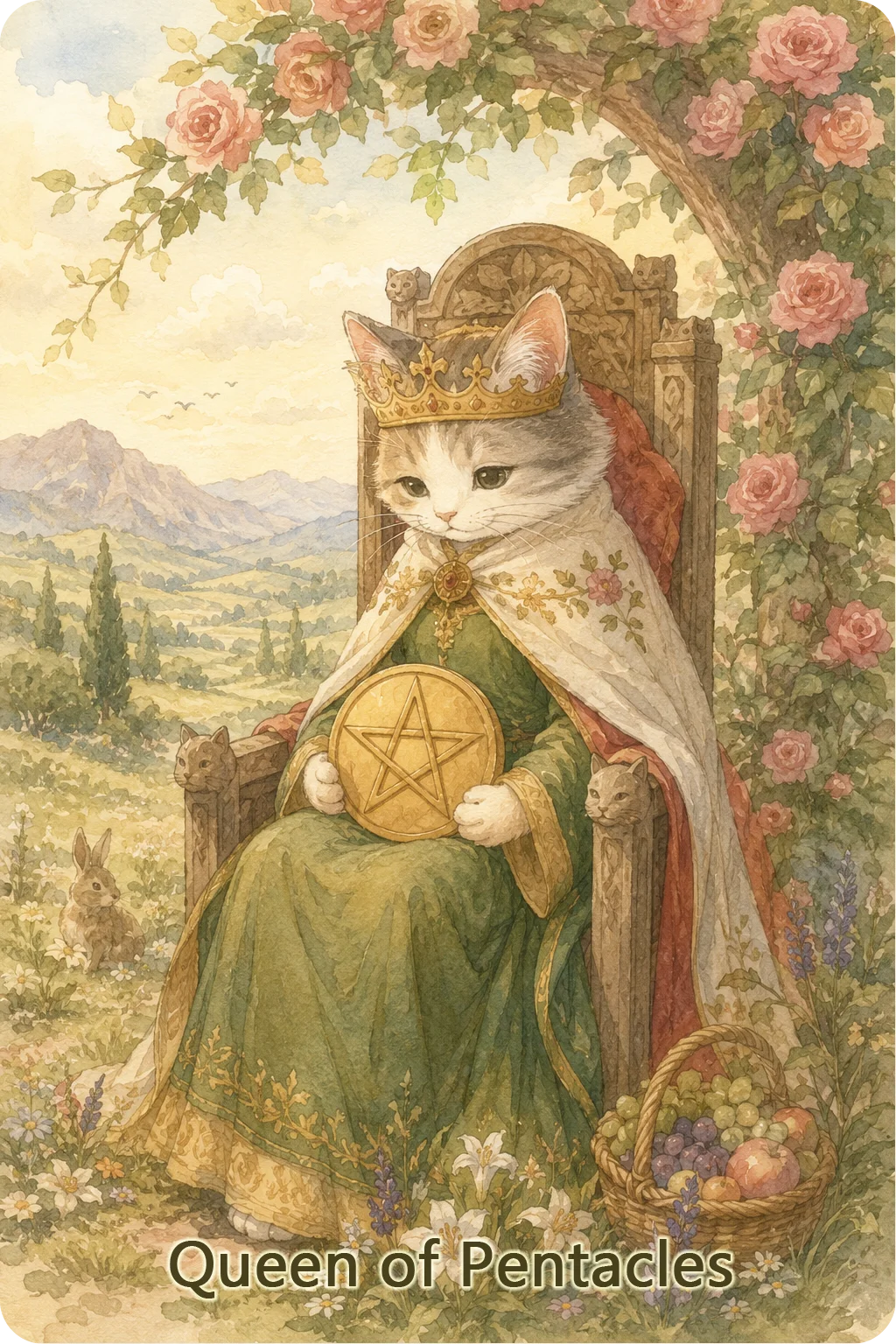 ペンタクルのクイーン（Queen of Pentacles）のタロットカード画像