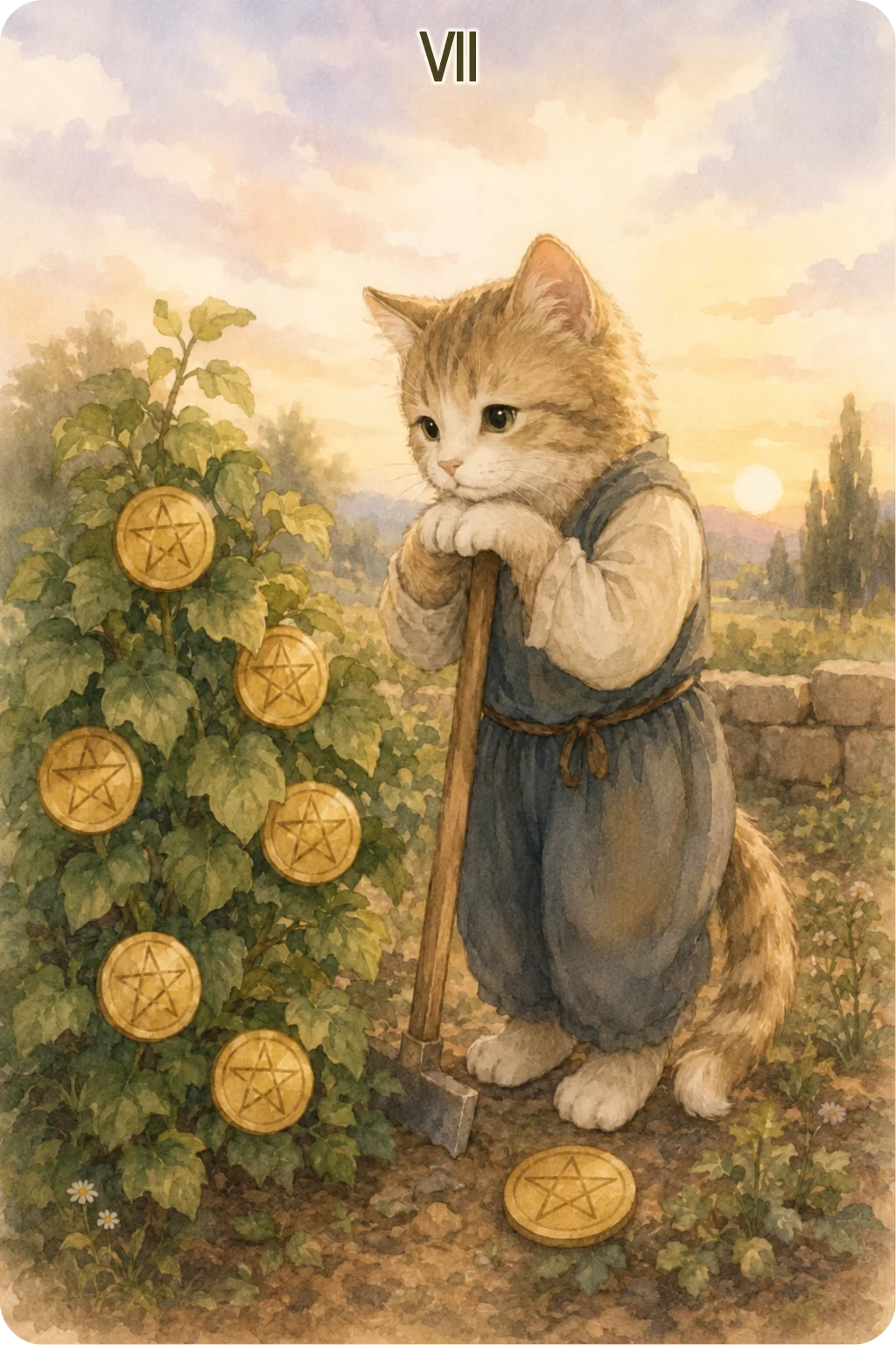 ペンタクルの7（Seven of Pentacles）のタロットカード画像