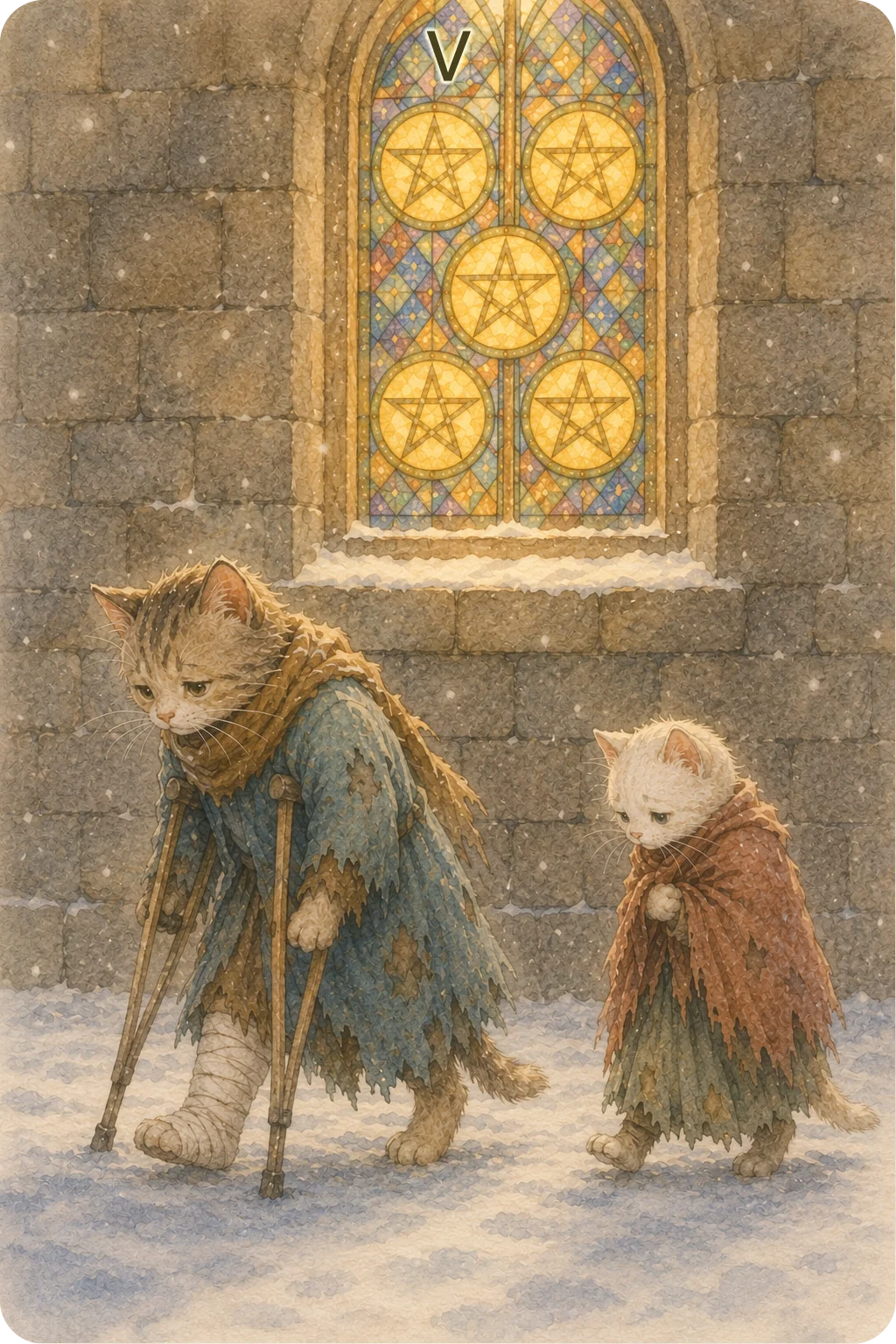 ペンタクルの5（Five of Pentacles）のタロットカード画像