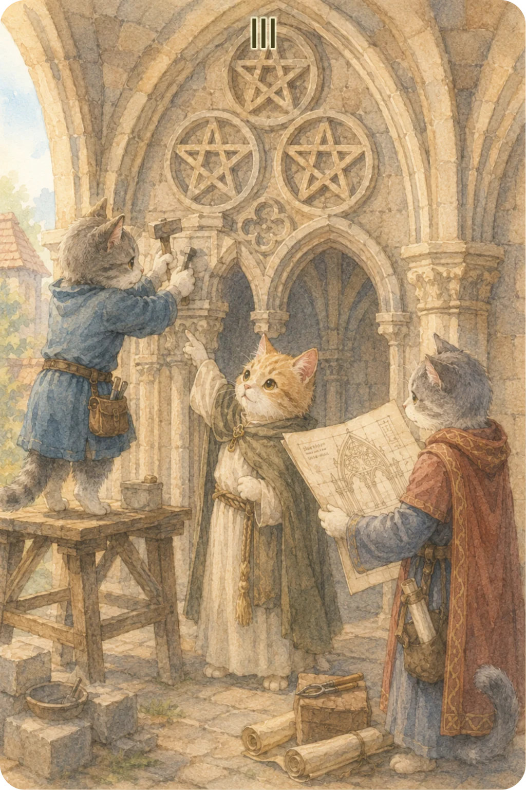 ペンタクルの3（Three of Pentacles）のタロットカード画像