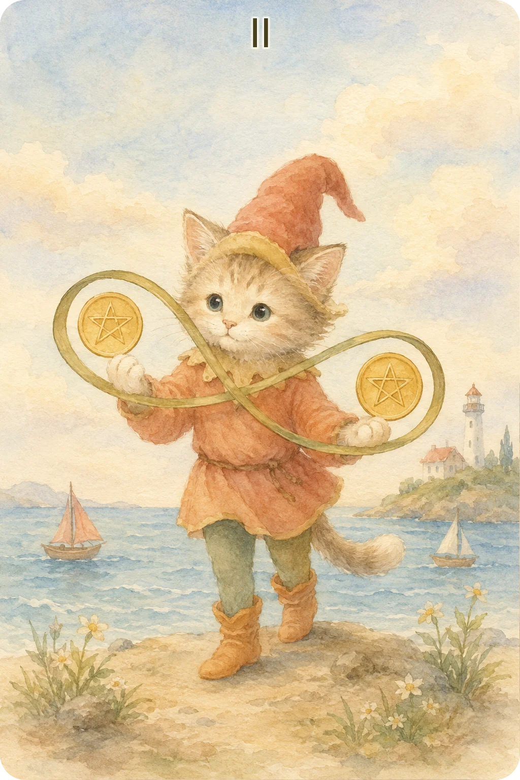 ペンタクルの2（Two of Pentacles）のタロットカード画像