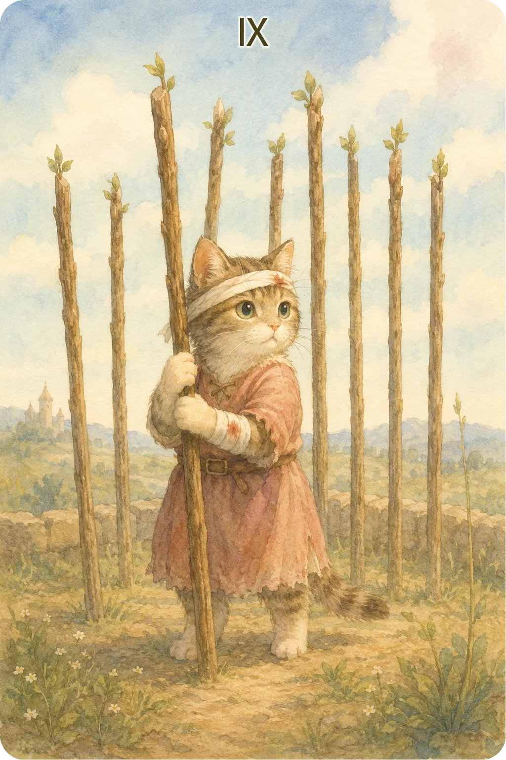 ワンドの9（Nine of Wands）のタロットカード画像
