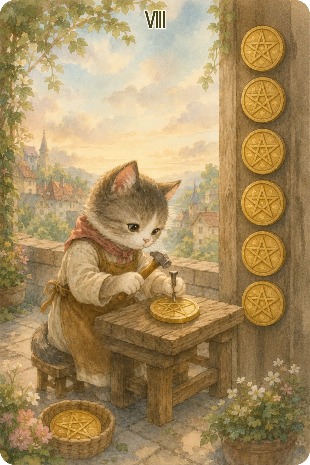 ペンタクルの8（Eight of Pentacles）のタロットカード画像