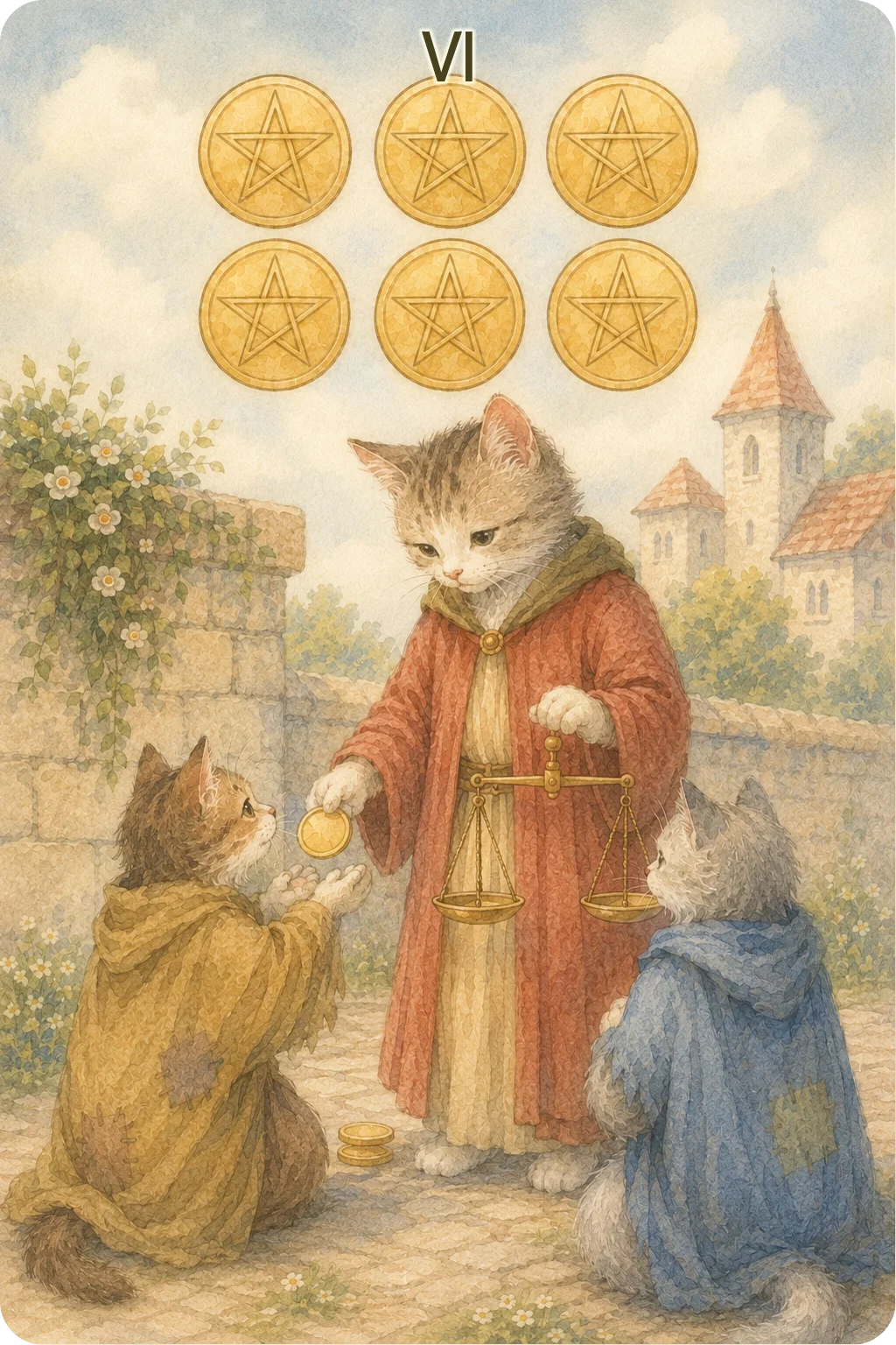 ペンタクルの6（Six of Pentacles）のタロットカード画像