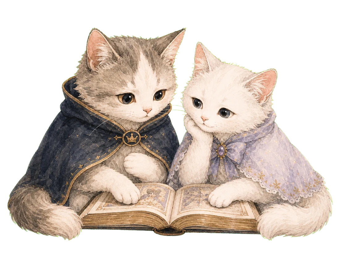 タロットの本を一緒に読む二匹の猫